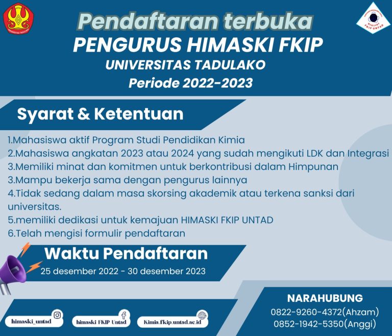 Pendaftaran Pengurus Himpunan Mahasiswa Kimia FKIP UNTAD 2022